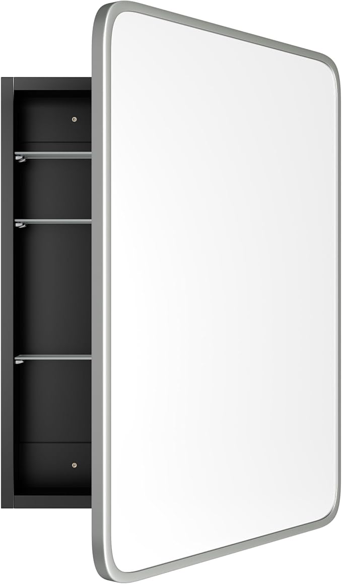 Bathroom Wood Black Cabinet with 20''x30'' Brushed Nickel Metal Frame Curved Mirror, Recessed Medicine Cabinet, Bathroom Storage Cabinet