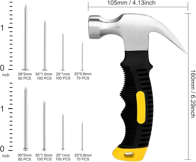 KURUI 700PCs Small Nails for Hanging Pictures & 8oz Small Hammer, Mini Hammer for Hanging Wall Decor, 280 Roofing/Wall Nails & 280 Finishing Nail, Picture Hangers Assortment Kit