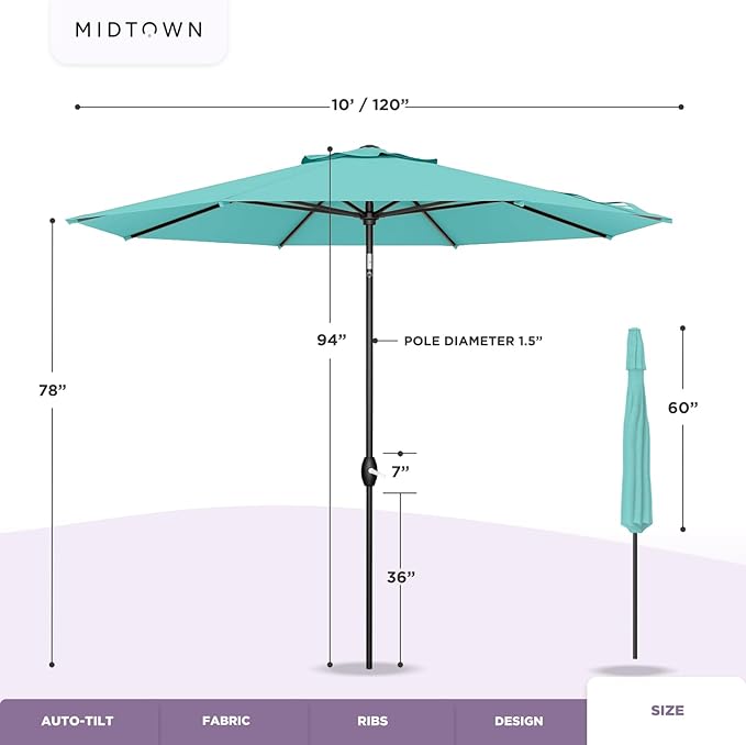 Midtown Umbrellas The Lean 10 Feet Outdoor Umbrella With Terylast Matter Stripes (Grey/White Stripes) Polyester Fabric - Auto-Tilt Aluminum Frame Patio Umbrella For Deck, Garden, Pool - Black Pole