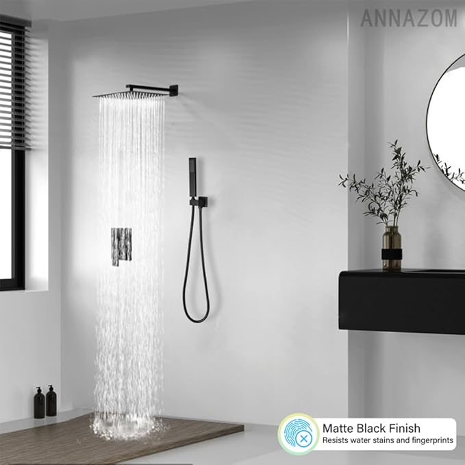 Shower Faucet Set Rain Shower System Matte Black with High Pressure 10-Inch Shower Head Handheld Square Shower Head Bathroom Luxury Rain Shower Faucet Shower Complete Combo Kit Wall Mounted