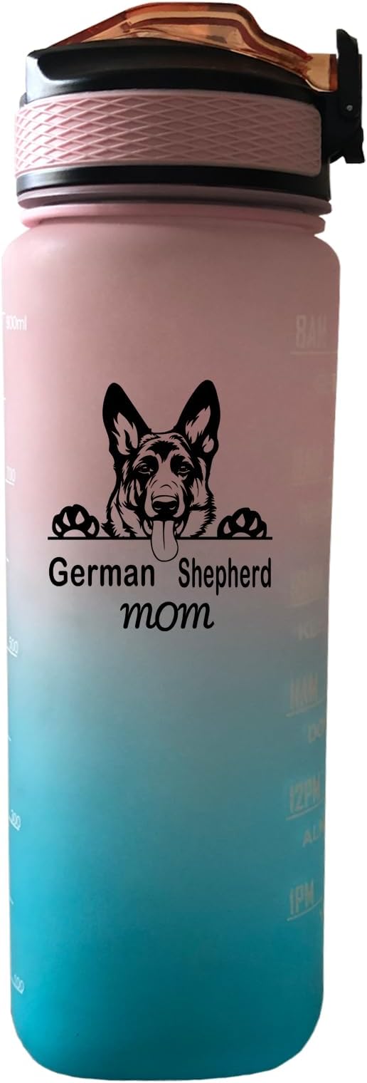 German Shepherd Mom Water Bottle with Straw, Carry Strap, LeakProof, Tritan BPA Free, 32 Oz Motivational Water Bottle with Time Marker to Drink Enough Water for Gym Fitness Outdoor