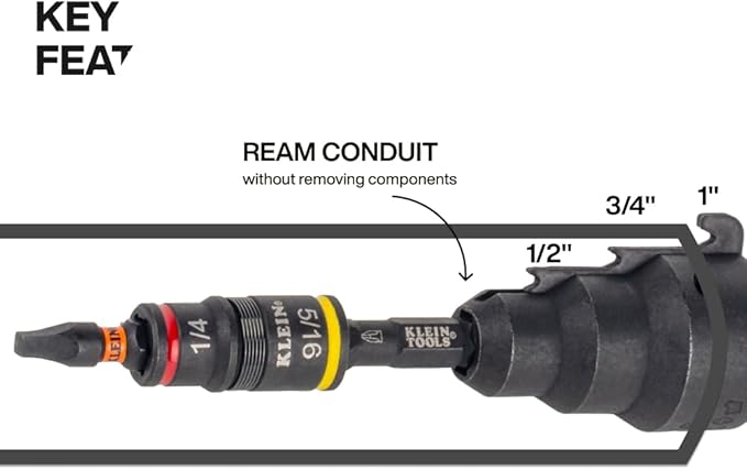 Klein Tools 85191HD Flip Socket Conduit Reamer Driver, 3-in-1 Impact-Rated Tool for 1/2-Inch, 3/4-Inch, 1-Inch Conduit, Integrated Quick-Connect Handle with Magnetic Bit Holder