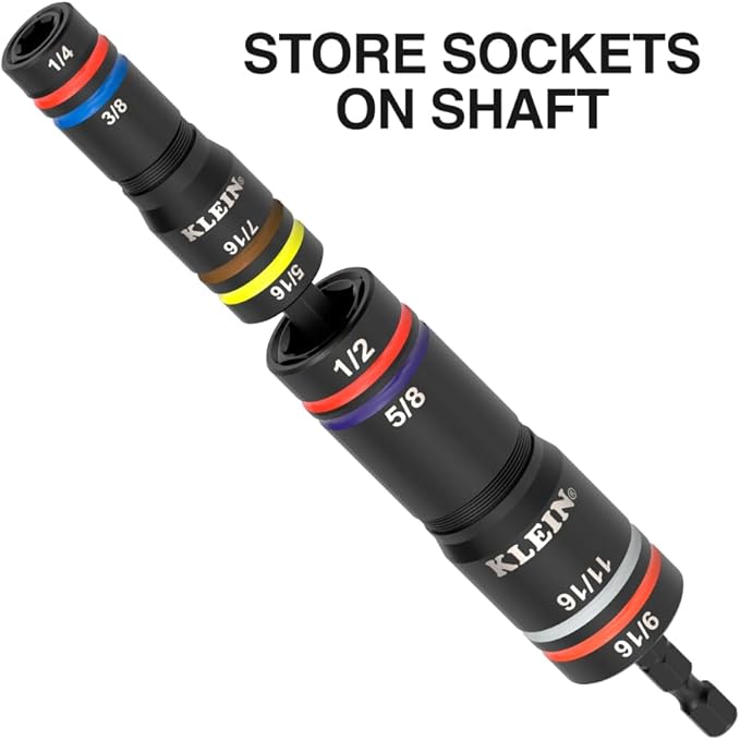 Klein Tools 654QS KNECT Quad Socket, 16 Sizes in 4 Sockets, 4-in-1 Color Coded SAE and Metric Impact Rated, Deep-Well Heavy Duty, 1/4-Inch Drive, 3-1/2 and 6-1/2-Inch Shaft