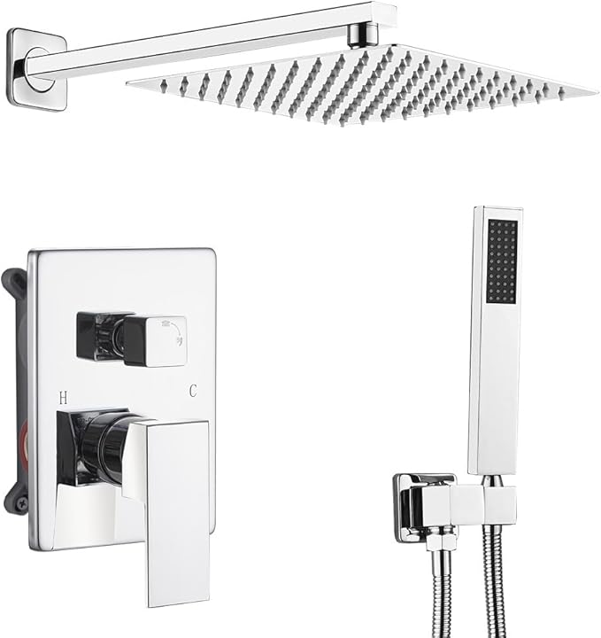 Rain Shower System Set with 10 Inch Large Shower Head High Pressure 2 Function Recessed Shower Valve Mixer Chrome Surface for Bathroom Remodel, Chrome