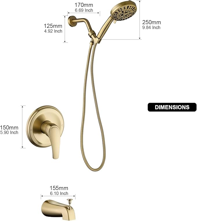 Tub Shower Faucet Combo, Brushed Gold Shower System 10 Patterns Handheld Shower Head with Tub Spout, Shower Trim Kit with Shower Head & Brass Valve