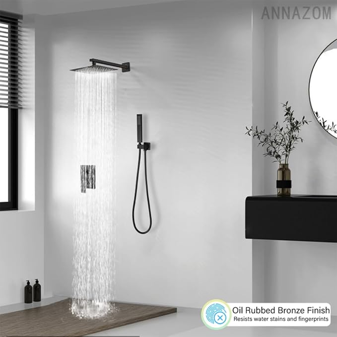Oil Rubbed Bronze rain Shower Faucet Set Shower System 10 Inches Square Shower Head with Handheld, Waterfall Showerhead, All Metal Shower Faucet Trim Repair Kits (Contain Shower Valve)