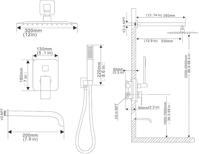 Brushed Nickel Shower System Bathroom Shower Faucet Set with Tub Spout Wall Mounted 12 Inch Shower Head and Handle Set with Handheld 3 Function Tub and Shower Trim Kit with Valve