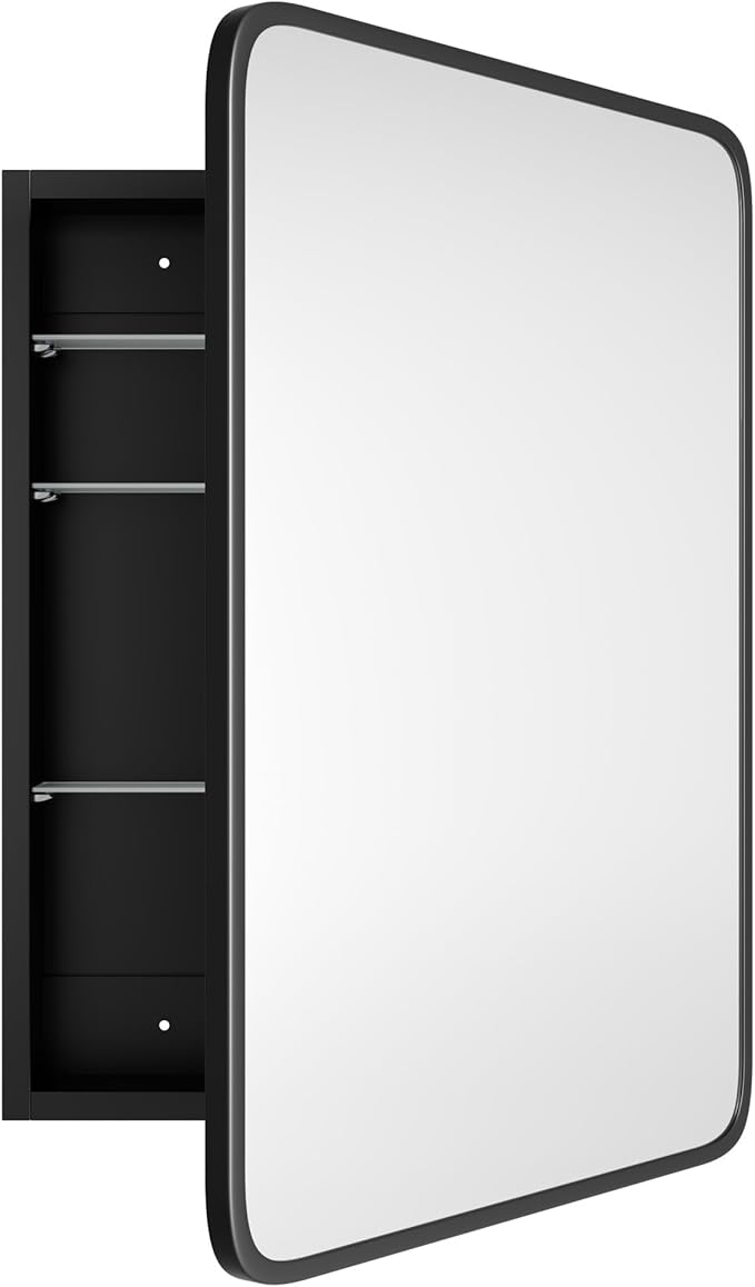 Bathroom Wood Black Cabinet with 20''x30'' Black Metal Frame Curved Mirror, Recessed Medicine Cabinet, Bathroom Storage Cabinet