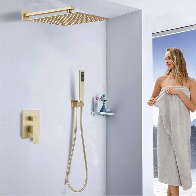 Shower Faucet Set 16 Inch Wall Mount Rain Shower System, All Metal Shower Fixtures - Brushed Gold