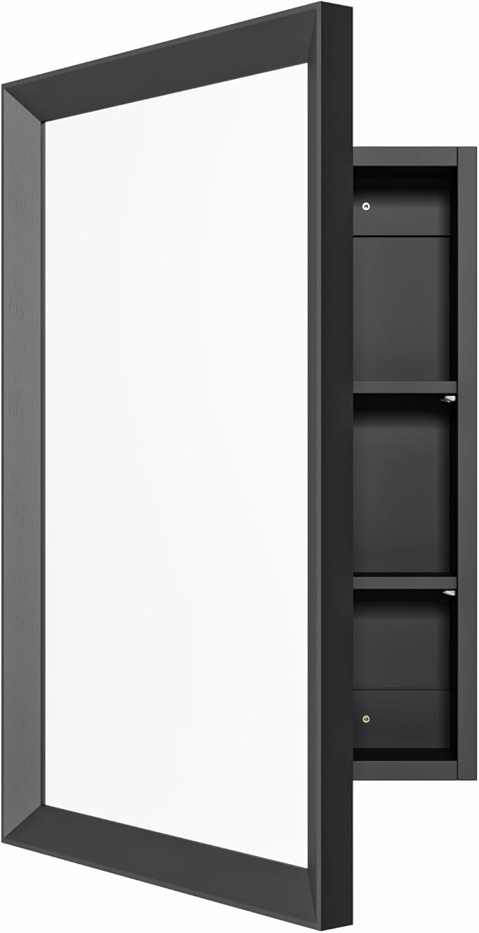 Retro-Style Medicine Cabinet with 17’’x27’’ Solid Wood Mirror Frame, Bathroom Recessed Wall Cabinet, Living Room Wood Storage Cabinet, Black