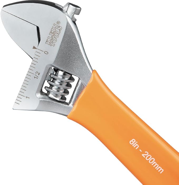 Klein Tools O5078 Adjustable Wrench, Precision Forged 1 1/2-Inch Extra-Capacity Jaw, SAE and Metric Scales, Plastic-Dipped Handle, 8-Inch