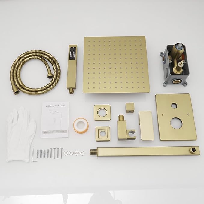 Shower Faucet Set System 10 Inch Shower Head High Pressure Handheld Spray Combo Set with Rough-in Valve for Bathroom and Shower Room, Brushed Gold Finishing
