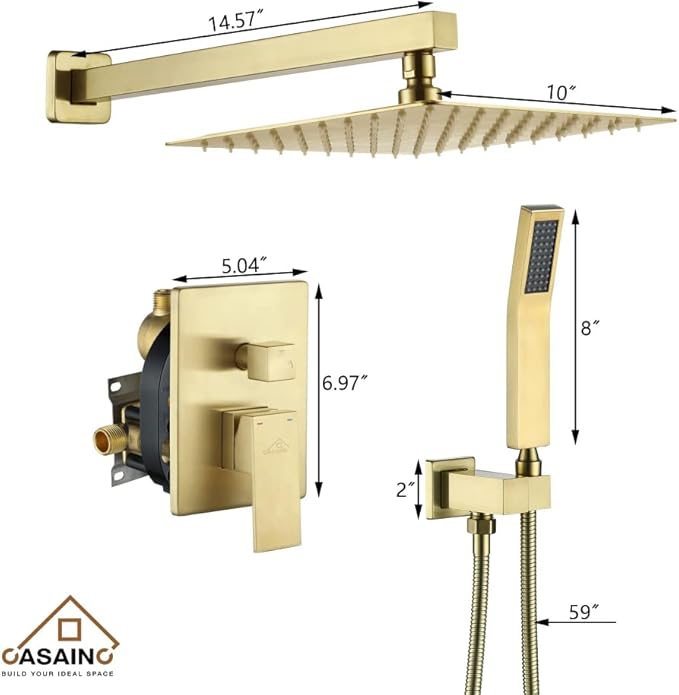 CASAINC Rainfall Shower Head Combo Set 10 Inches Bathroom Luxury Rain Shower Head with Handheld Spray Wall Mounted Shower Faucet Set with Valve and Trim (Brushed Gold)