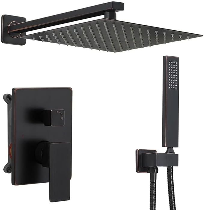 Oil Rubbed Bronze rain Shower Faucet Set Shower System 10 Inches Square Shower Head with Handheld, Waterfall Showerhead, All Metal Shower Faucet Trim Repair Kits (Contain Shower Valve)