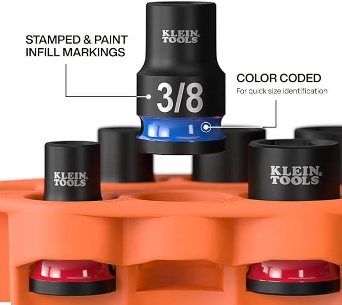Klein Tools 33808 Grab-And-Go Impact Socket Set, SAE, 7-Piece Set with Sleeve, Carabiner, and 3/8-Inch Drive, Color-Coded 1/4, 5/16, 3/8, 7/16, 1/2, and 9/16-Inch Sockets