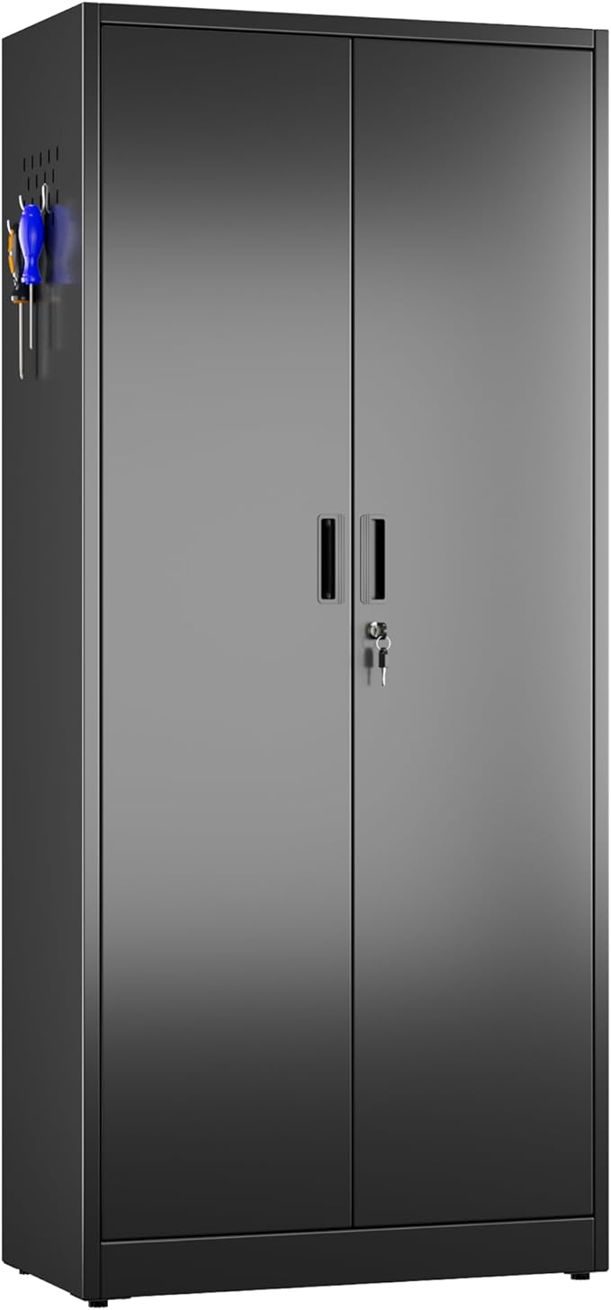 71.31" H Metal Broom Closet Storage Cabinets with Pegboards and Hooks,Utility Closet Storage Cabinet with Hooks and Hanging Rod for Laundry Room,Utility Room,Warehouse,Garage,Black