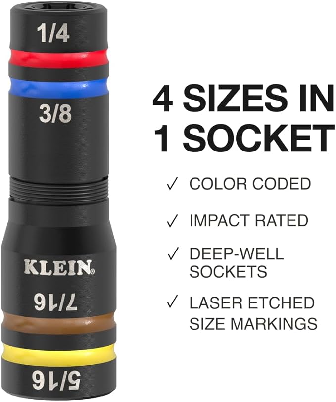 Klein Tools 654QS KNECT Quad Socket, 16 Sizes in 4 Sockets, 4-in-1 Color Coded SAE and Metric Impact Rated, Deep-Well Heavy Duty, 1/4-Inch Drive, 3-1/2 and 6-1/2-Inch Shaft