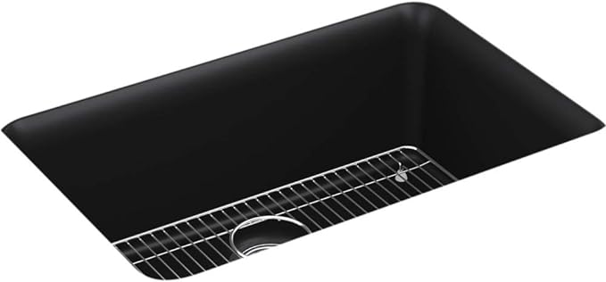 KOHLER K-28000-CM1 Cairn 27-1/2" Undermount Single-Bowl Kitchen Sink, Neoroc Composite Kitchen Sink with Sink Rack, Matte Black