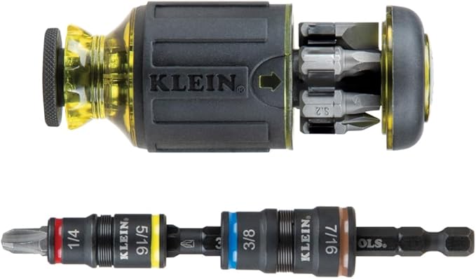 Klein Tools 32308HD Impact Driver Set, 12-in-1 Stubby Driver Set, 2 Hex Flip Sockets, 7 Bits, 1/4-Inch Deep Bit Holding Feature