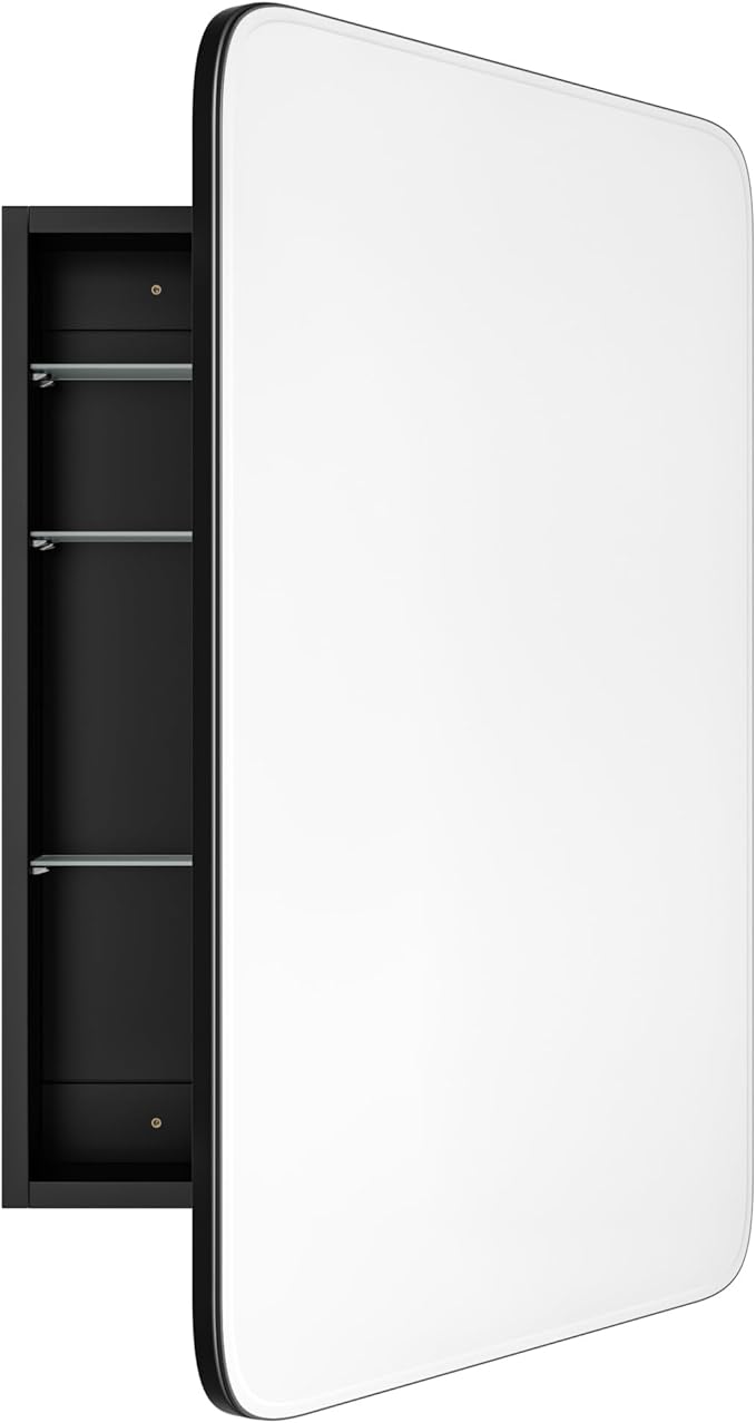 Vintage-Style Bathroom Wood Black Cabinet with 17.5''x29'' Curved Mirror, Recessed Medicine Cabinet, Bathroom Storage Cabinet