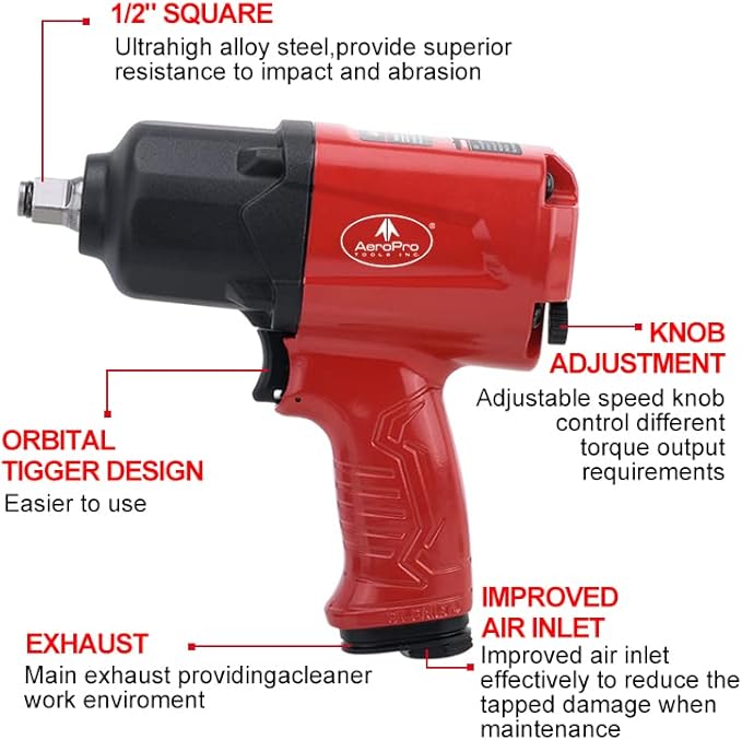 AEROPRO TOOLS 1/2-Inch Aluminum Air Impact Wrench(A398),Twin Hammer with 1380FT-LB Max Loosening Torque, Pneumatic Impact Gun, for Auto Repair, Tire Shop (Aluminum Housing)
