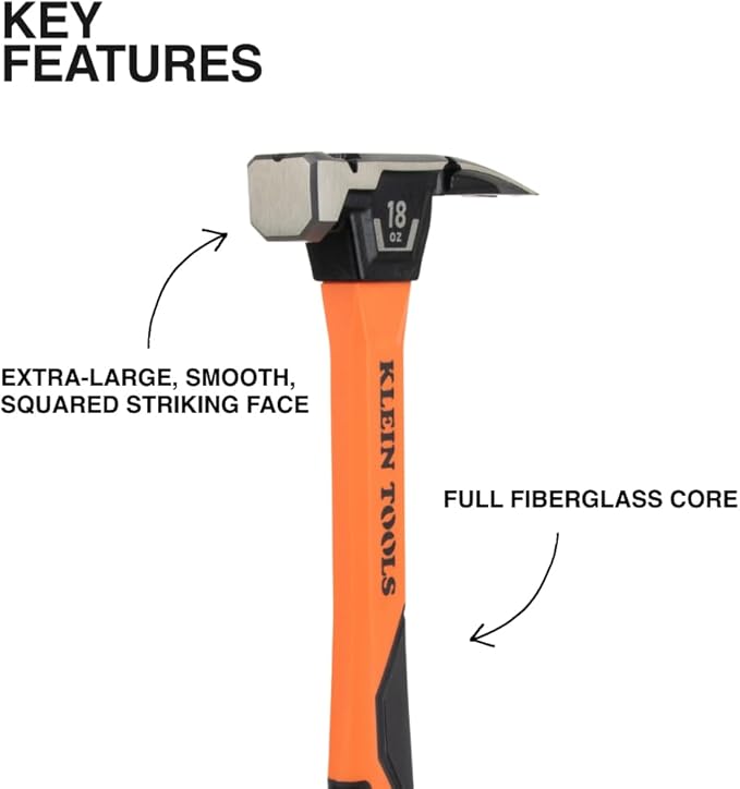 Klein Tools H80918 Smooth Face Fiberglass Hammer with Straight Claw, 18-Ounce Forged Steel, Magnetic Nail Starter, and Extra-Large Squared Strike Face