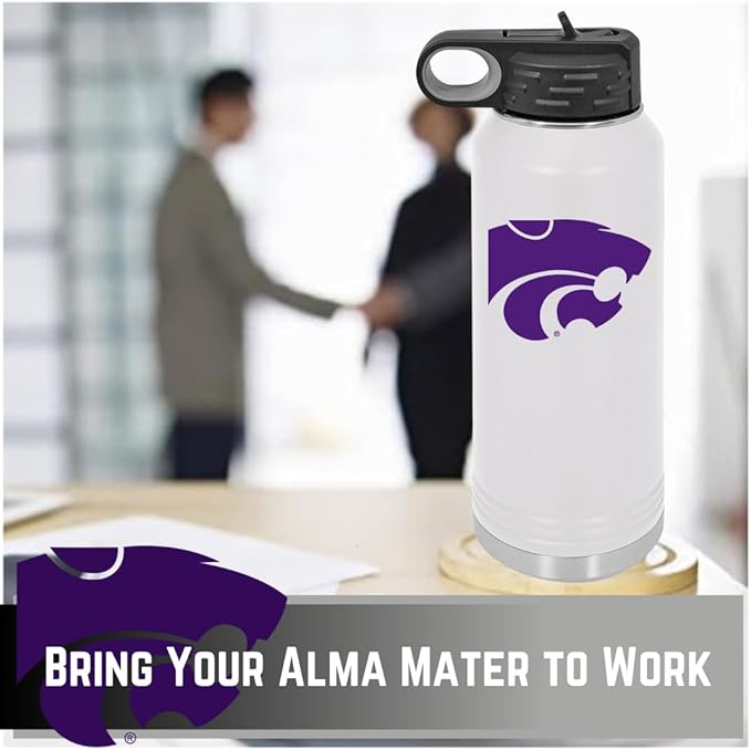 Kansas State University 32oz Stainless Steel Double Walled White Beverage Bottle with Flip Straw Spout - College Gear for Playoff Season – For Office, Home or Auto – Show your Wildcat Pride