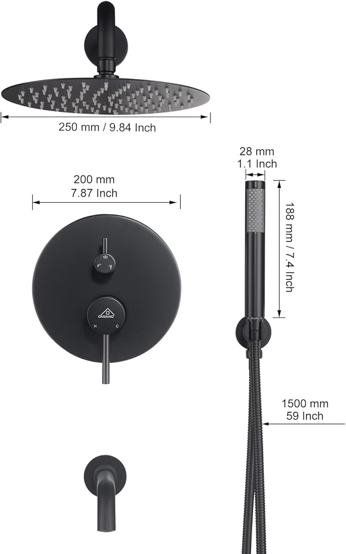 CASAINC Shower Faucets Sets Complete, 10" Round 3 Functions Rain Shower Head with Handheld Spray and Bathtub Spout Wall Mounted Shower System (Matte Black)