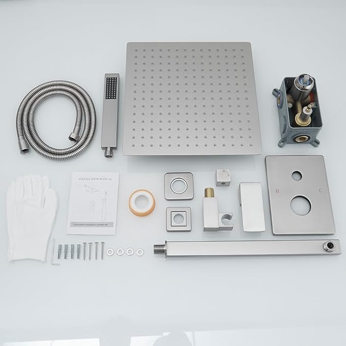 Shower Faucet Set Complete, Wall Mount Shower System for Bathroom 12 Inch High-Pressure Rainfall Shower with Handheld, Rough-in Valve Body and Trim Kit, Brushed Nickel