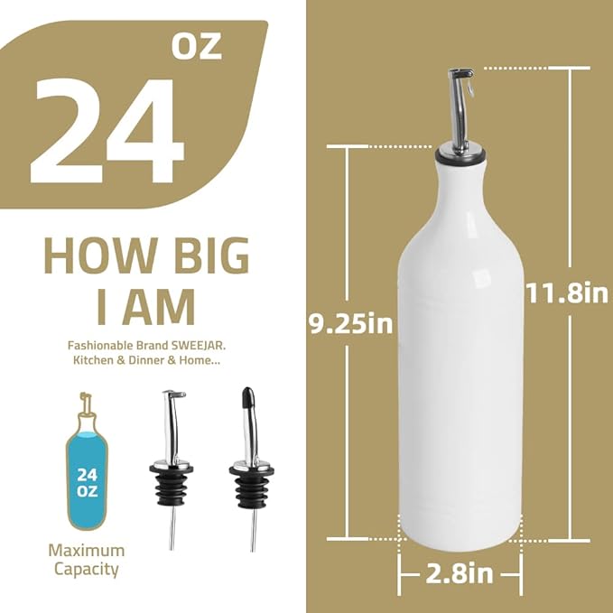 Sweejar Large Ceramic Olive Oil Dispenser Bottle, Opaque Oil Cruet Protects Oil to Reduce Oxidation, Suitable For Storage Of Oil, Vinegar, Soy Sauce & Other Liquids, Pack of 1, 24 Fl Oz (White)