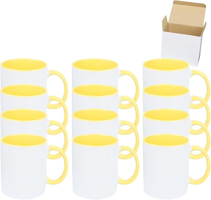 11oz White Ceramic Sublimation Coffee Mug in White Gift Box, Yellow, Case of 12