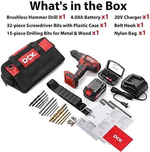 20V Brushless Hammer Drill, 531 in.lbs, 36000 BPM, 1/2" Keyless All-Metal Chuck, 4.0Ah Battery, 22+1+1 Clutch, Impact Drill Kit for Drilling Brick Wall, Metal, Wood, KDJZ05-13