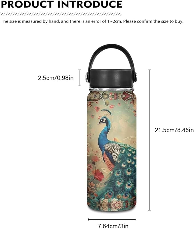 Peacocks Insulated Water Bottle 20 Oz Stainless Steel Leak Proof Vacuum Lightweight Keeps Cold and Hot Great for Travel Hiking Biking Running