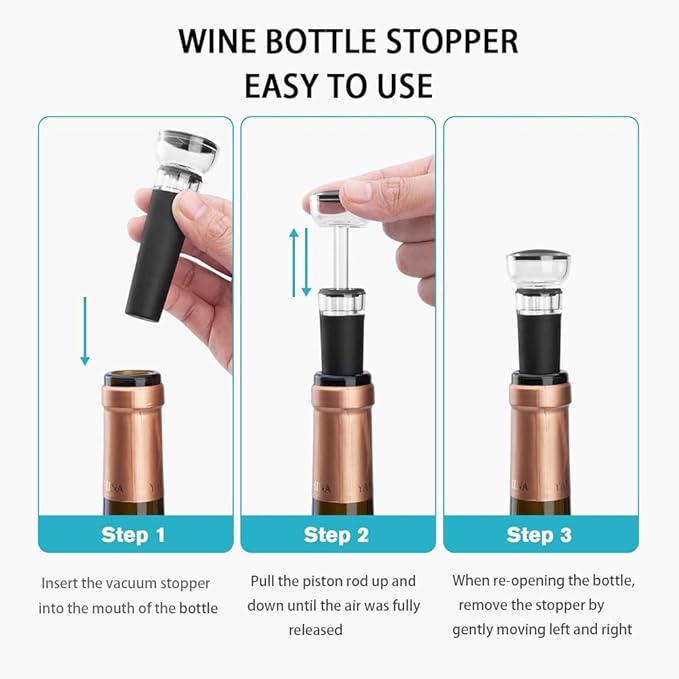 Wine Stopper set, Wine Bottle Stopper with Built-in Vacuum Wine Saver Pump Food-safe Silicone Caps (1), 3.5*1.2 Inches, Black
