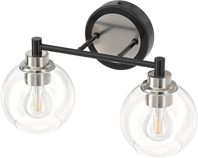 VONLUCE Bathroom Light Fixtures, 2-Light Vanity Light with Globe Glass Shades E26 Sockets, Bathroom Lights Over Mirror for Bedroom Hallway Living Room, Black & Nickel Finish