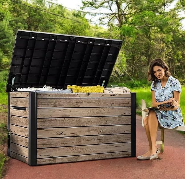 Outdoor Storage Box, Wood-Look Resin Deck Container, Indoor/Outdoor Storage, Ash Wood Brown (230 Gallon)