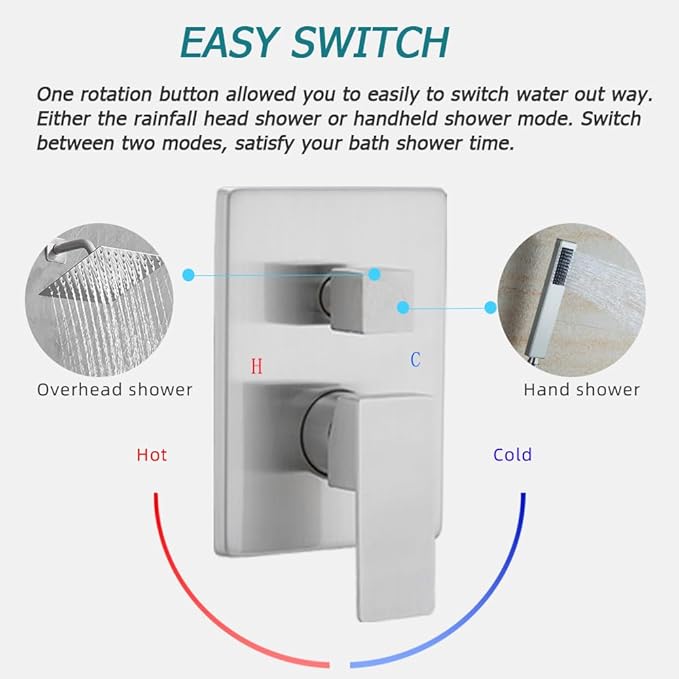 Brushed Nickel Shower System with 8'' Rainfall Shower Head, Handheld Shower head, Bathroom Luxury Rain Mixer Shower Combo Set Wall Mounted Shower Faucet Rough-in Valve and Trim Kit