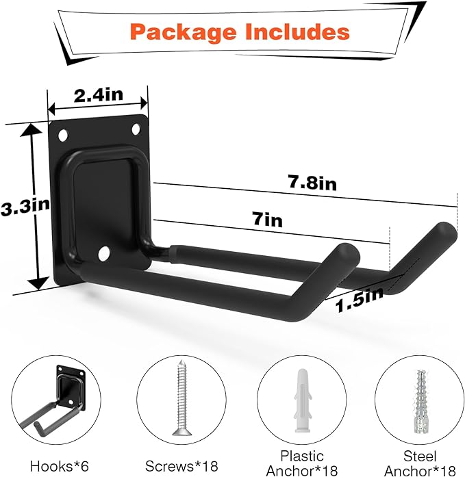 6 Packs 7.8inch Heavy Duty Garage Hooks, Garage Storage Organizer for Tool Organization, Shed Metal Utility Hooks Hanger for Tires, Bikes, Shed, Chair, Ladder, Ski and Snowboard