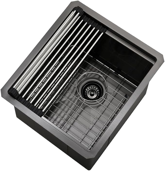 Black Undermount Bar Sink, 12 x 15 Inch Black Stainless Steel Undermount Small Basin Wet Bar Single Bowl RV Kitchen Sink with Cutting Board