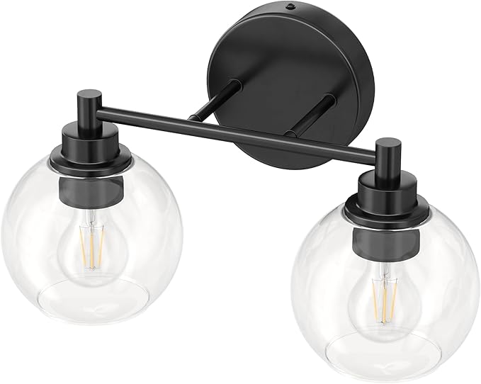 VONLUCE Bathroom Light Fixtures, 2-Light Bathroom Vanity Light with Globe Glass Shades E26 Sockets, Vanity Lights for Bedroom Hallway Living Room, Black Finish