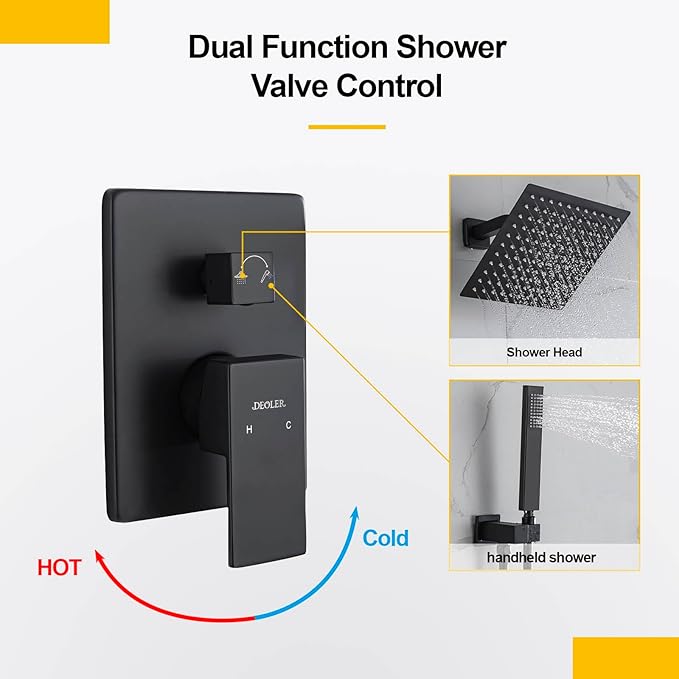 Shower System with Handheld Shower, Rainfall Shower Faucet Set with 10 Inch Shower Head and Handheld Wall Mounted Bathroom Shower System Faucet Set Rough-in Valve and Trim Kit, Matte Black