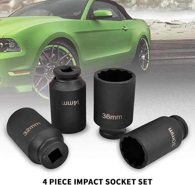 4Pcs 1/2" Drive Deep Impact Socket Set 12 Point Metric 30mm 32mm 34mm 36mm Drive Spindle Axle Hub Nut Socket Set,Heavy Duty with Portable Storage Case,Use In Removing And Installing Axle Nuts