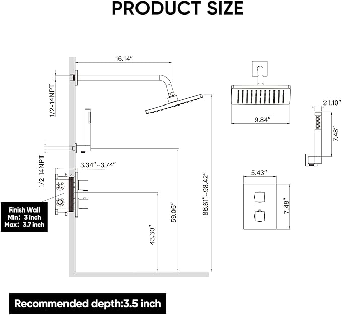 Esnbia Thermostatic Black Shower System, All Metal Shower Faucet Set with 10 Inches Rain Shower Head, Rainfall Shower Heads with Handheld Spray Combo,Anti-Scald Shower Combo Set, Matte Black