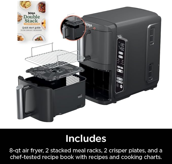 Ninja DoubleStack 2-Basket Air Fryer, DoubleStack Technology Cooks 4 Foods at Once, Space Saving Design, 8 QT, 6-in-1, Smart Finish & Match Cook, Air Fry, Broil, Bake, Easy Meals & Clean, Black, SL201