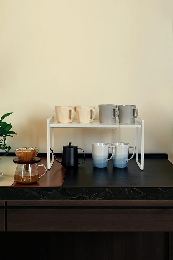 Nxconsu Expandable Cabinet Shelf Organizer Riser for Kitchen Pantry Cupboard Under Sink Countertop Home Storage Organization Rack Space Saver Freestanding Heavy Duty Nonslip Stackable White