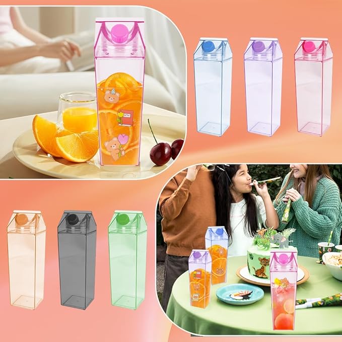 37PCS Milk Carton Square Water Bottle Set, Milk Carton Container 17oz for Refrigerator, Including Straw, Straw Lid, Straw Brush, Sponge Cup Brush, Cup Spout Brush, Label Sticker