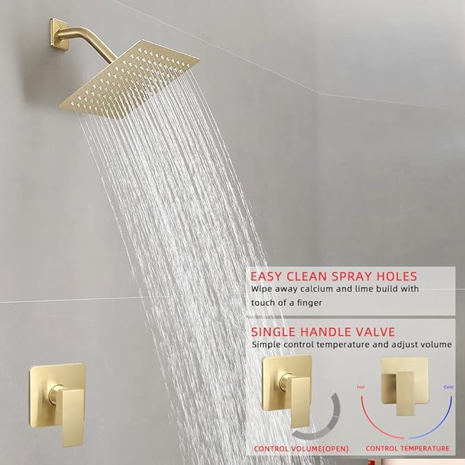 Shower Faucet Set Brushed Gold, Bathroom Rainfall Shower System with Stainless Steel Rain Shower Head, Single Function Shower Trim Kit with Rough-in Valve