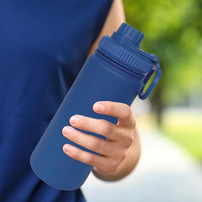 18oz Insulated Water Bottle ,Stainless Steel Sports Water Cup Flask with 2 Lids, Wide Mouth Travel Thermal Mug,Outdoor Sports Bottle(Dark Blue)