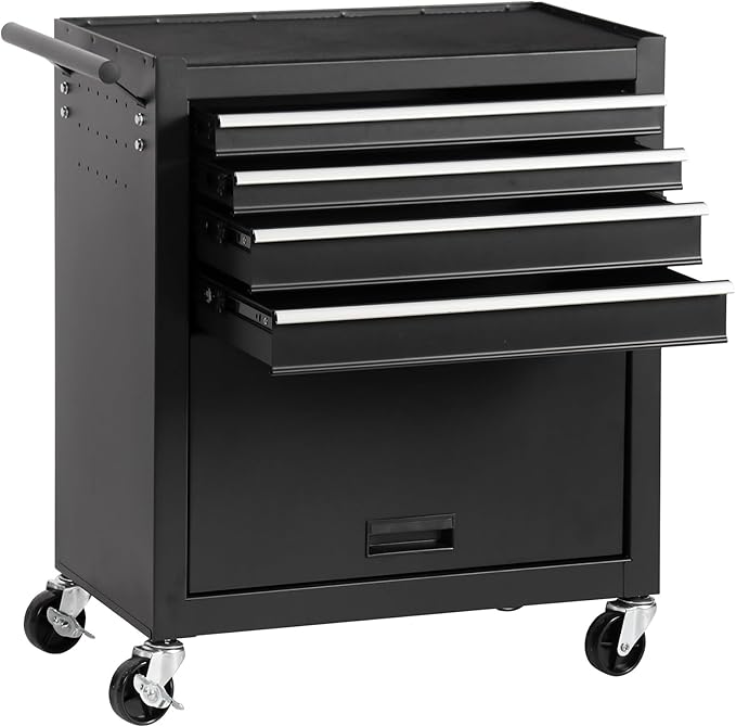 Tool Chest 4 Drawers Garage Storage Cabinet Steel Frame Tool Chest with Wheels, Top Storage Rack, Rubber Mat, Side Handle for Warehouses and Workshop, Black