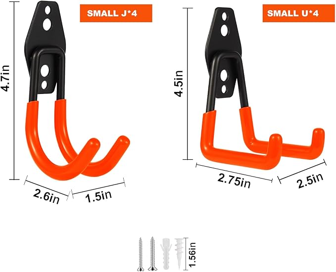Steel Garage Hooks Wall Tool Organizer, 8 Pack Garage Storage Hook Heavy Duty Utility Storage Hangers Orange for Ladders, Ropes, Garden Tools